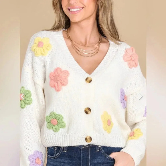 Knit cardigan crochet flowers floral ivory balloon sleeves button down vneck - Picture 1 of 7